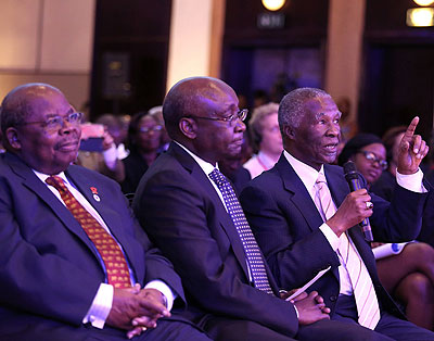 L-R: Former South African President Thabo Mbeki makes a point during one of the sessions at the just-concluded 49th Annual Meetings of the African Development Bank in Kigali, while former Tanzanian President Benjamin Mkapa (L) and the AfDB President Dr Donald Kaberuka look on. File.