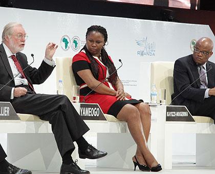 L-R: Sir Paul Collier, the Director of African Economies at Oxford University, Nadu00e8ge Yamu00e9ogo and Steve Kayizzi-Mugerwa both researchers  at AfDB, during the discussion. (John Mbanda)