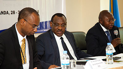 Special Advisor to the Secretary-Generalu2019s Special Envoy for Great Lakes Region Modibo Touru00e9 (L), finance minister Claver Gatete and UN Resident coordinator Lamin M. Manneh during the meeting on the implementation of the UN Secretary-Generalu2019s Peace, Security and Cooperation Framework for DR Congo and the Great Lakes Region, May 28, 2014. File.