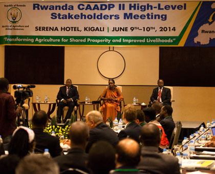 Manneh(L), Dr Kalibata and Dr Kanyarukiga, at the launch of the CAADP meeting in Kigali yesterday. Allison McNeely.