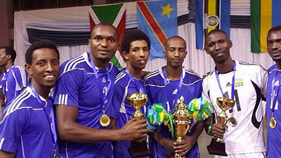 Rayon Sports volleyball players celebrate victory on Sunday. Courtesy