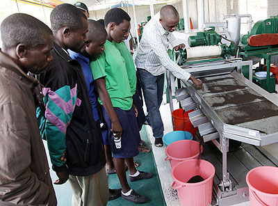 An exhibitor demonstrates how tea is processed at the Agriculture trade show which ended yesterday in Mulindi. John Mbanda.