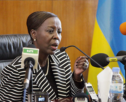 Minister Louise Mushikiwabo addresses the media in Kigali yesterday. John Mbanda. 