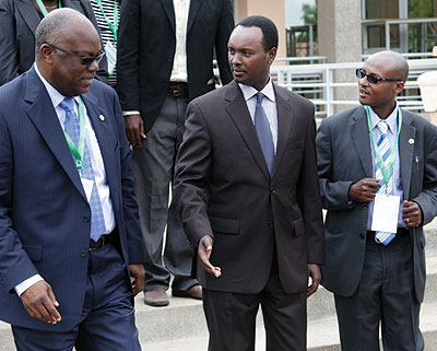 ARSO boss Odumodu, Hategeka and RBS chief Cybahiro chat after the meeting yesterday. ARSO wants standards on the continent to be harmonised. John Mbanda.