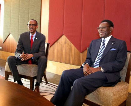 President Teodoro Obiang Nguema of Equatorial Guinea welcomes President Kagame to Malabo yesterday. Village Urugwiro.