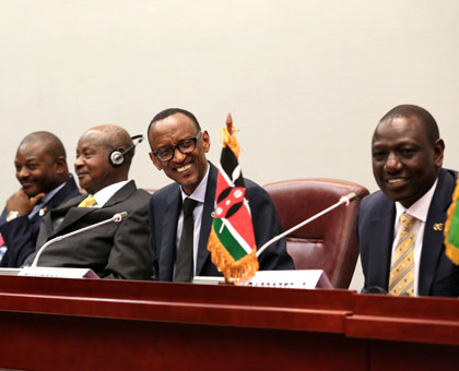 President Kagame chats with Presidents Pierre Nkurunziza (Burundi), Yoweri Museveni on his immediate right (Uganda), and Kenyan Deputy President William Ruto during the East African Standby Force meeting in Malabo, Equatorial Guinea. V. Urugwiro