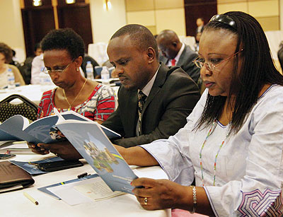 (Left-Right) Dr. Marie Christine Gasingirwa, the Director General for Science, Technology and Research at the Ministry of Education, Agriculture Ministry PS Tony Nsanganira and UNu2019s Amata Diabate. The New Times / John Mbanda. 