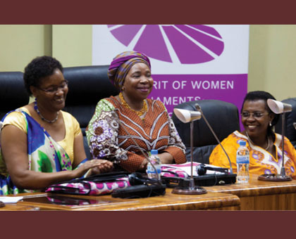 Rwandan Speaker of the Chamber of Deputies, Donatille Mukabalisa (L), African Union commission chair Nkosazana Dlamini-Zuma, and EALA Speaker Margaret Zziwa (R) at the summit yesterday.  Timothy Kisambira.