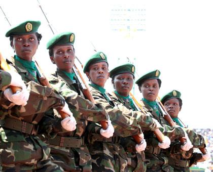 Women soldiers during a parade to mark the 20th Liberation Anniversary on Friday. (Village Urugwiro)