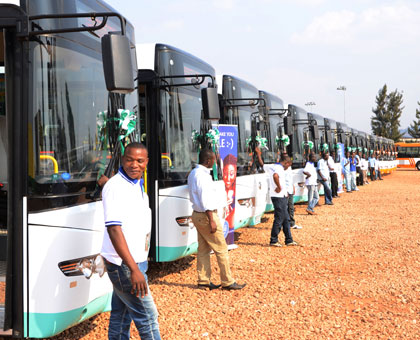 The new buses that were unveiled this week. Passengers have complained of lack of aeration in the buses. (Samuel Ngendahimana)