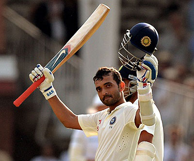 India's Ajinkya Rahane celebrates his century in the second Test at Lord's.