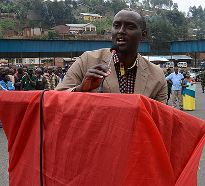 Manzi Benjamin, the Director of Investments at BRD, speaks during one of the banku2019s outreaches. Manzi believes that BRDu2019s refinanicng of MFIs has contributed to rural development and financial inclusion. 