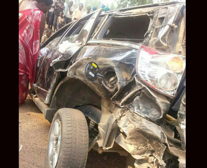 The wreckage of the car that the bride and groom were travelling in. Medics say the couple is now in stable condition. Courtesy. 