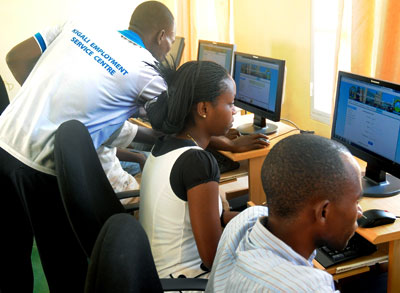 Youth at the Kigali Employment Service Centre try their luck for job opportunities through the Internet. File.