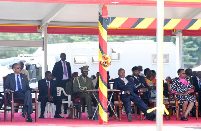 Presidents Kagame, Yoweri Museveni (2nd R) and Ugandau00e2u20acu2122s First Lady Janet Museveni at the Independence celebrations in Kololo, Uganda, yesterday. (Village Urugwiro)