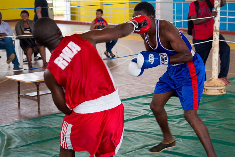 Boxers training in a an old make shift ring at Amahoro indoor stadium. (Timothy Kisambira)