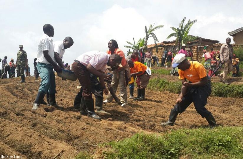 Nsanganira (third, left) joins Mukura Sector farmers to plant wheat as he launches the new planting season. 