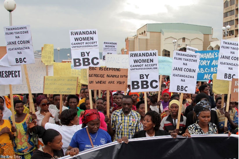 Rwandans demonstrating against the BBC in front of the Parliament Buildings, Kimihurura, last year. (File)