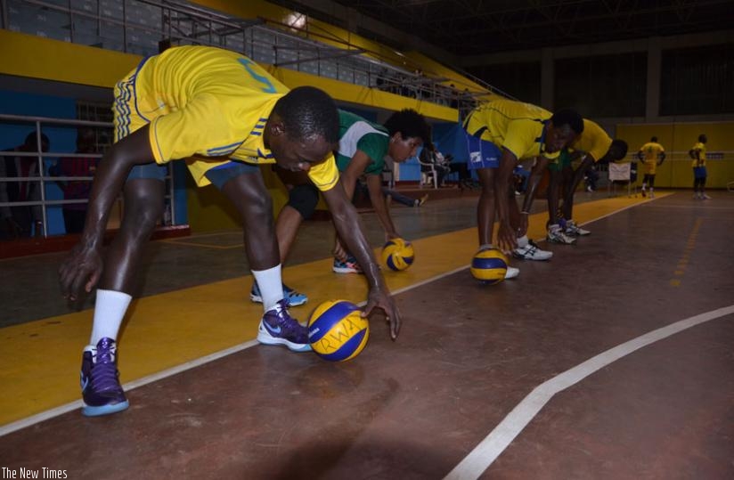 National volleyball team players train before they left for Cameroon. Coach Paul Bitok says the team has learnt valuable lessons from their friendly games against Cameroon. (Sam Ngendahimana)