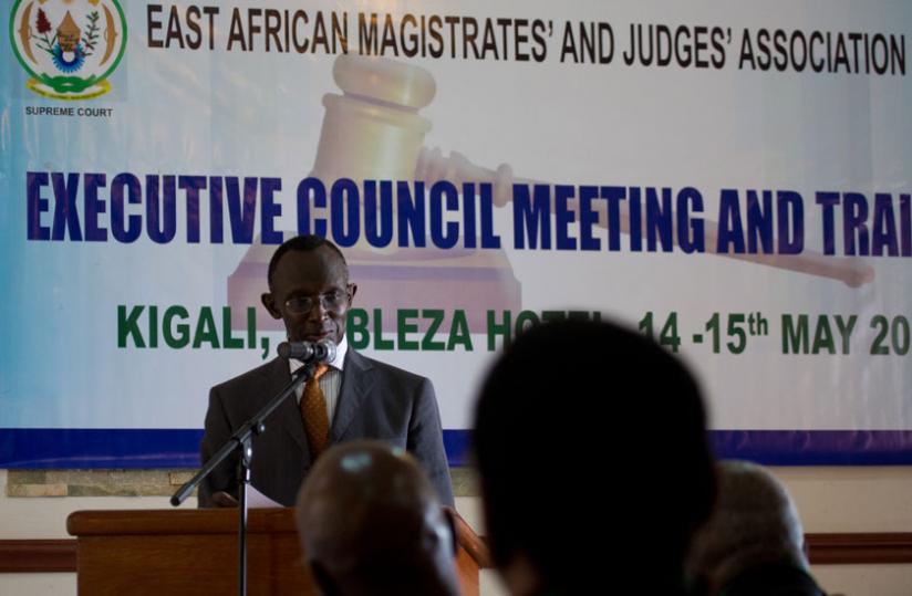 Chief Justice Prof Sam Rugege opening the meeting. (Timothy Kisambira)