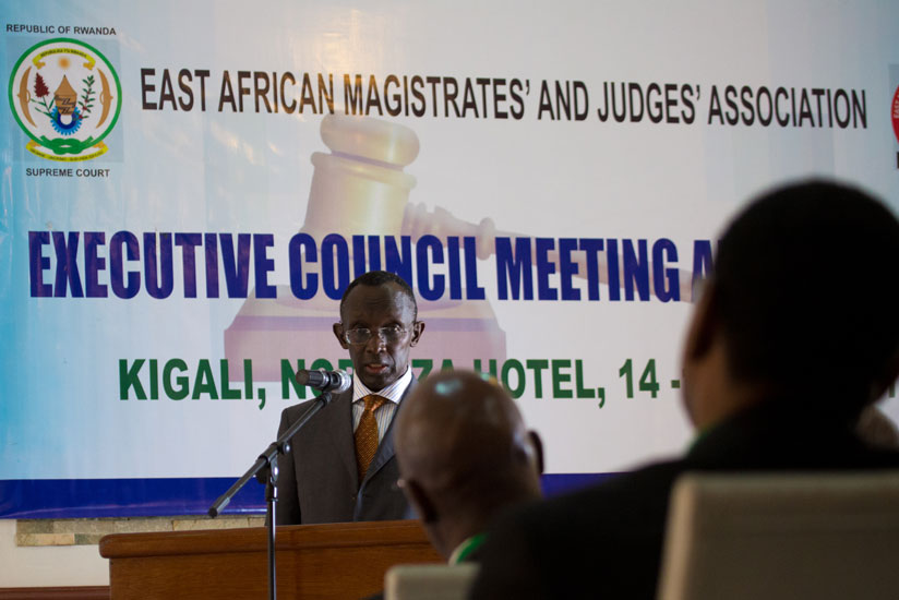 Chief Justice Prof. Sam Rugege gives his remarks during the East African Magistrates' and judges' meeting at Hotel Nobleza. (All photos by T. Kisambira)