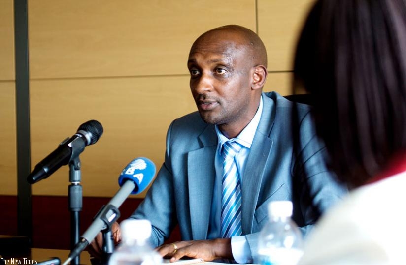 Richard Tusabe, the commissioner-general of Rwanda Revenue Authority (RRA), addresses the media at the utility headquarters in Kimihurura yesterday.(Timothy Kisambira)