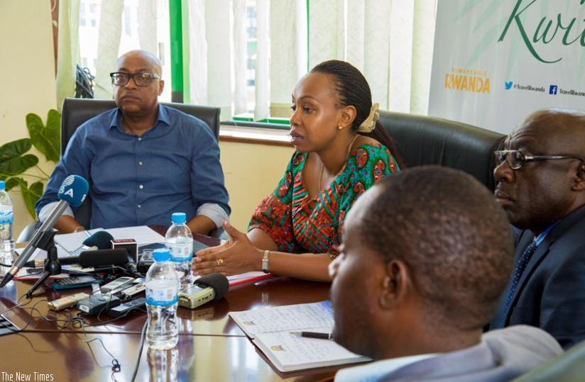 L-R: Joseph Birori, president of Rwanda Tour and Travel Association, Amb. Yamina Karitanyi, RDBu2019s Chief Tourism Officer, and Denis Karera, Chairperson, East African Business Council, during a press briefing about the new u2018Kwita Izinau2019 schedule, last week. (Doreen Umutesi)