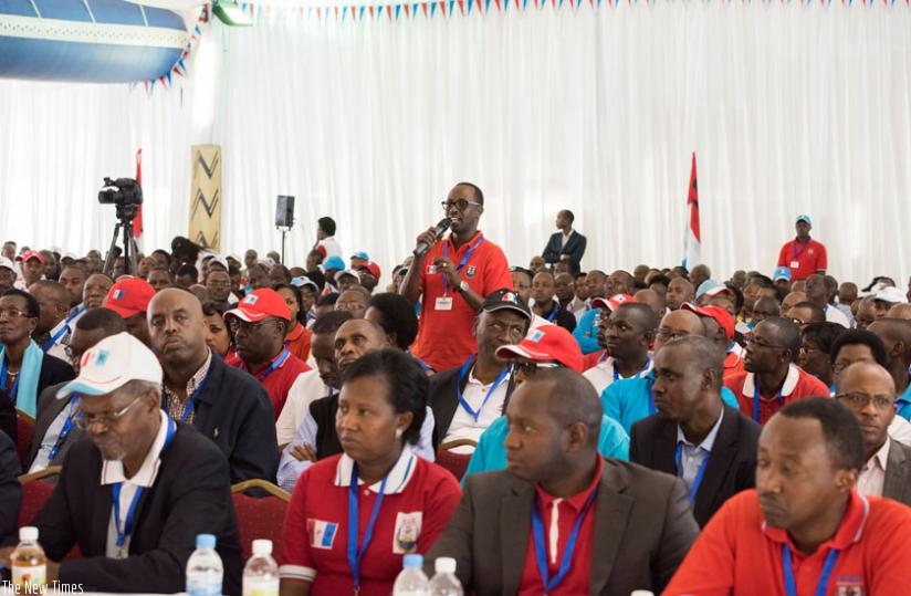 An RPF cadre makes an intervention at the party's retreat in Rusororo, Kigali over the weekend. (File)