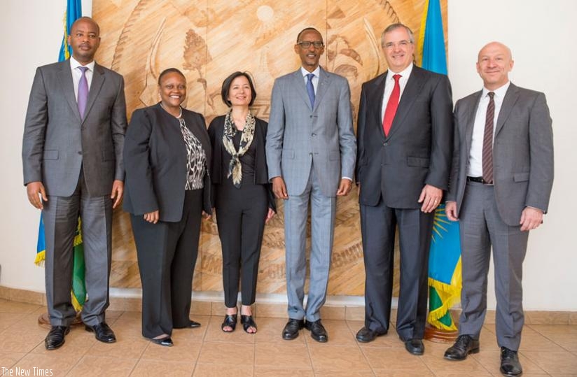 President Kagame with the MasterCard Foundation delegation at Village Urugwiro in Kigali yesterday. (Village Urugwiro)