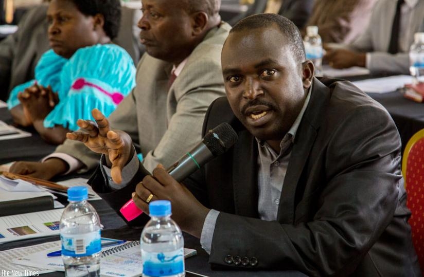 Bugesera District mayor Louis Rwagaju contributes during the meeting yesterday. (Doreen Umutesi)