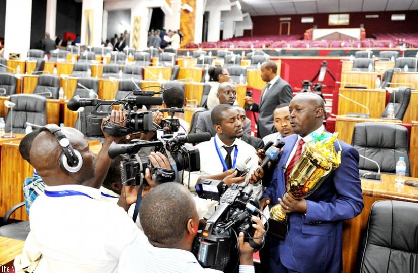 Kicukiro mayor Jules Ndamage speaks to journalists after his district won the outstanding award in Imihigo of last year. (File)