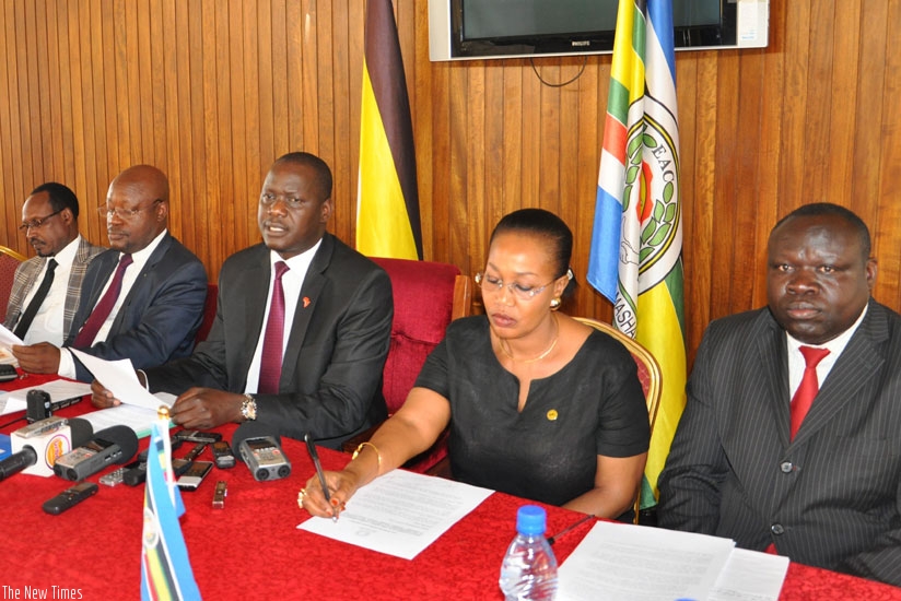 Some of the EALA lawmakers during a news conference in Kampala yesterday. (Courtesy)