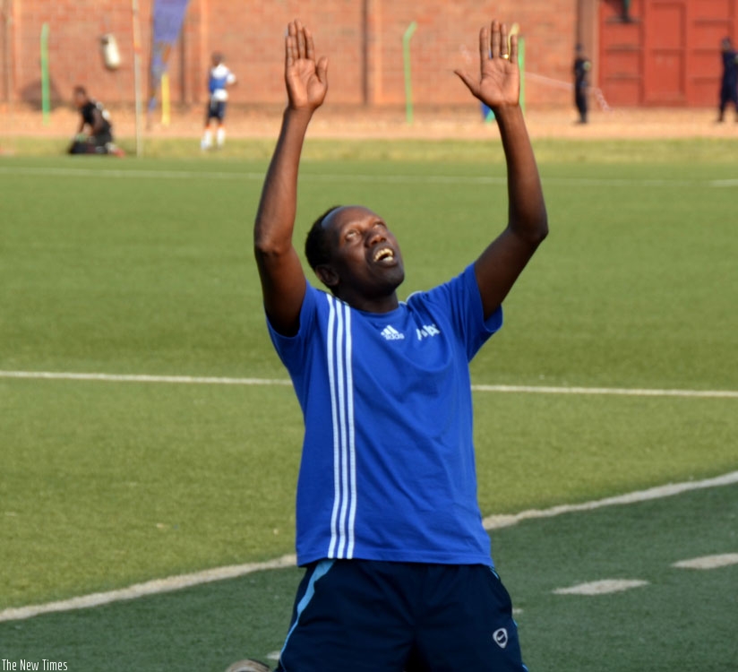 Kayiranga kneels down to thank God after Rayon Sports had beaten Isonga in the Peace Cup last season. (S. Ngendahimana)