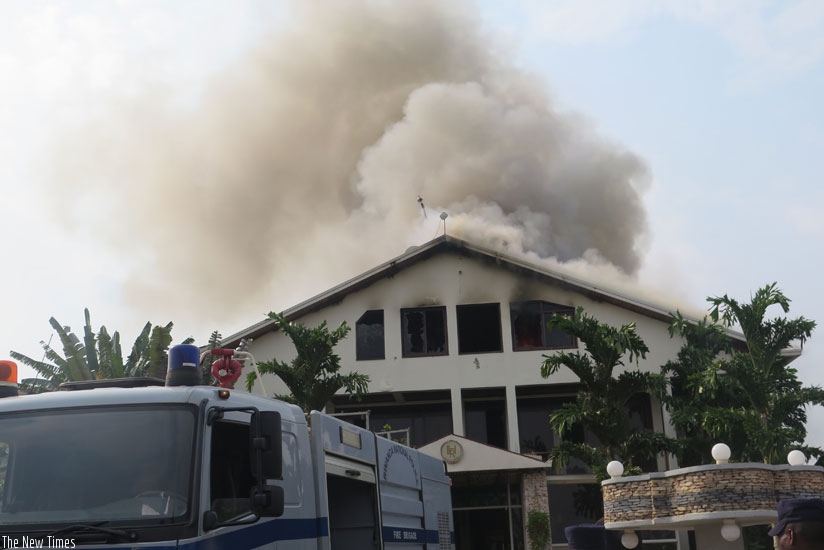 Police Fire Brigade put out a fire that gutted Luxury Hotel in Kimironko last year. Many local SMEs, including hotels, are not insured. (Michel Nkurunziza)