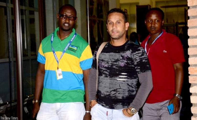 Rayon Sports SG, Olivier Gakwaya (L) and David Donadei at the Kigali International airport on Saturday. (Courtesy)