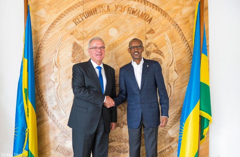 President Kagame receives European Commissioner for International Cooperation and Development, Neven Mimica, at Village Urugwiro in Kigali yesterday. (Village Urugwiro)