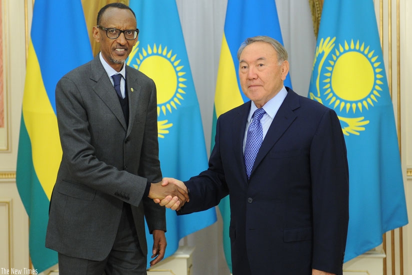 President Kagame meets with President Nursultan Nazarbayev during his first visit to Kazakhstan. rn(Village Urugwiro)rn