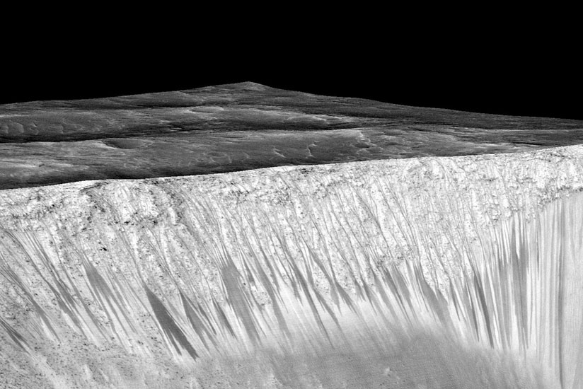 NASA says it found proof of water in dark streaks like these, called recurring slope lineae, on the walls of the Garni Crater on Mars. (Photograph: Nasa/AFP/Getty Images)