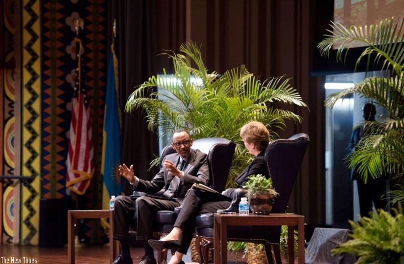 President Kagame and Katherine Klein, the vice-dean of the Wharton Social Impact Initiative, during his address at the Wharton Business School, University of Pennsylvania, on Wednesday. (Village Urugwiro)