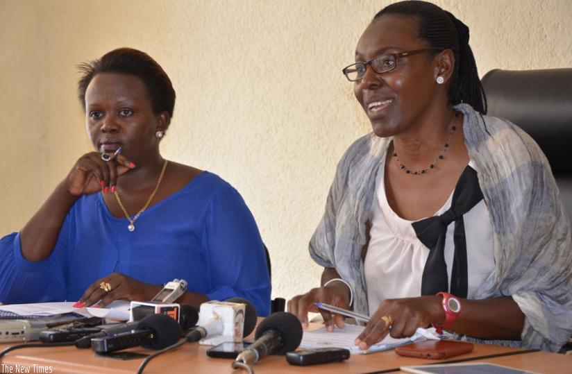 Flavia (R) addresses journalists in Kigali on Thursday as Umulisa looks on. (Sam Ngendahimana)