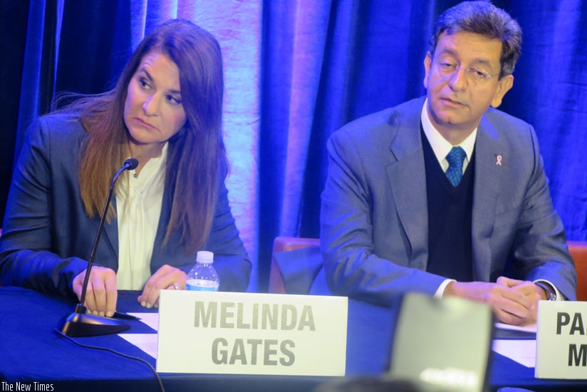 Melinda Gates and  Dr Pablo Kuri Morales, Mexico's deputy health secretary for prevention and health promotion  at the opening session of the conference in Mexico City on Monday. (James Karuhanga)