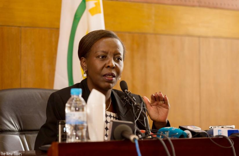 Minister Mushikiwabo briefs journalists on the Burundian situation in Kigali yesterday. (Timothy Kisambira)