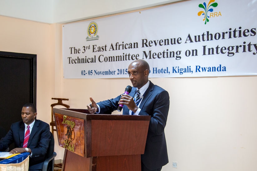 Rwanda Revenue Authority commissioner general Richard Tusabe officiates at the 3rd East African Revenue Authorities integrity meeting in Kigali yesterday. (All photos by Doreen Umutesi)