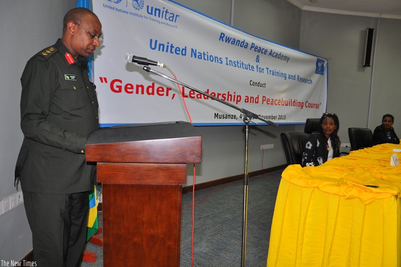 Col Rutaremara addresses participants of the gender leadership course. (Jean Fidele  Ndungutse)