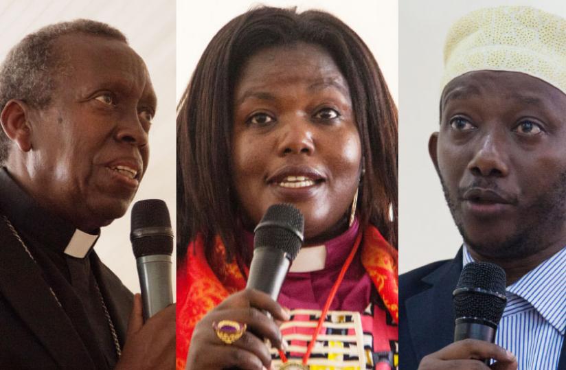 Bishop Mbonyintege (L), Rev. Julie Kandema, from Presbyterian Church (C), and Mufti Ibrahim Kayitare were all of the view that RSSB reviews how it approves Mutuelle beneficiaries' enjoyment of health services. (Faustin Niyigena)