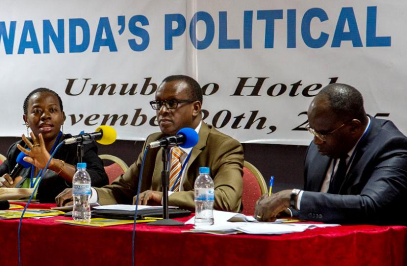 (L-R) Central bank vice governor Monique Nsanzabaganwa, National Commission for Fight against Genocide executive secretary Jean Damascene Bizimana and Chair of Chancellery of Heroes, National Orders and Decorations of Heroes Pierre Damien Habumuremyi discuss Rwanda's resilience and the nature of state building during the National Consultative Forum of Political Organisations meeting in Kigali yesterday. (Doreen Umutesi)