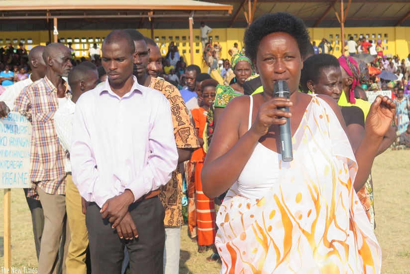 Vestine Mukarebera, from Rwesero Cell, Nyanza, expresses her views about the Constitutional amendment process at Nyanza Stadium on July 25. (File)