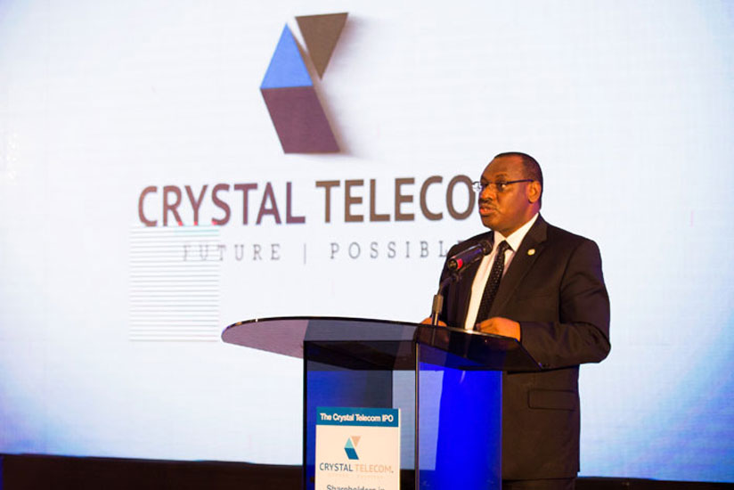 Finance Minister Claver Gatete speaks at the launch of Crystal Telecom's IPO last year (File)