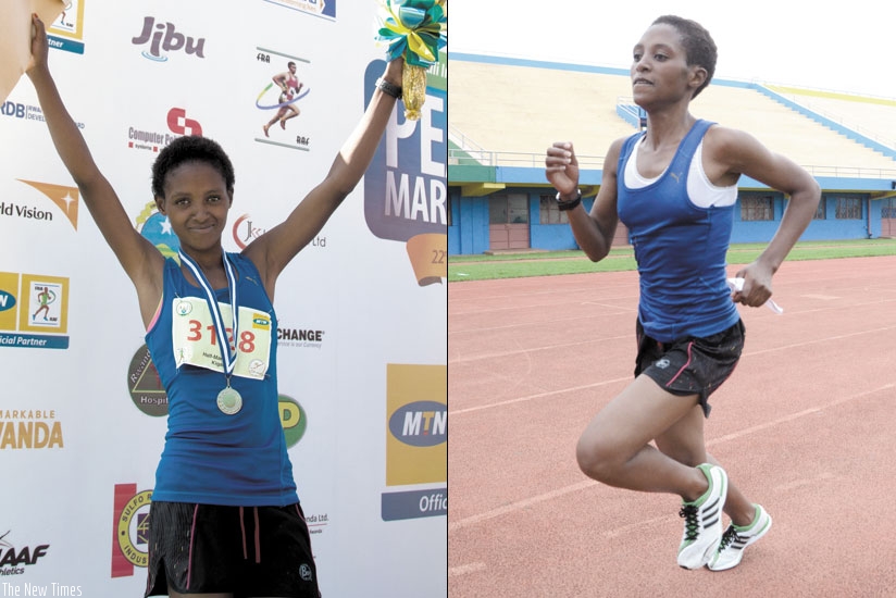 L: Nyirarukundo celebrates after finishing second in the 2016 Kigali International Peace Half Marathon. 