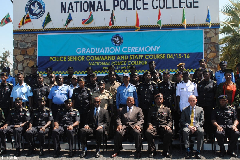 The graduands pose for a group photo with the Minister for Internal Affairs Mussa Fazil Harerimana and Inspector General of Police Emmanuel Gasana. (Courtesy)